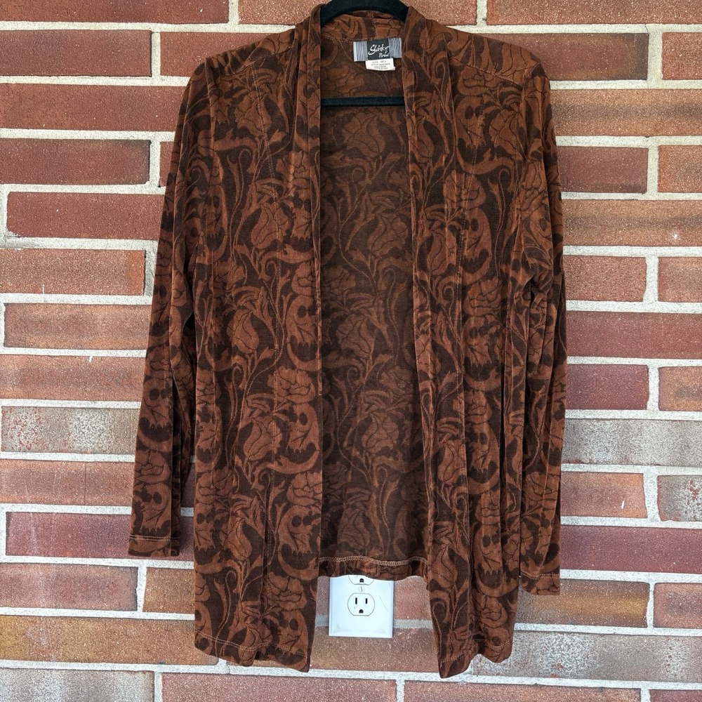 Slinky Brand Brown Floral Open Travel Cardigan Shrug Topper Sz L A2200